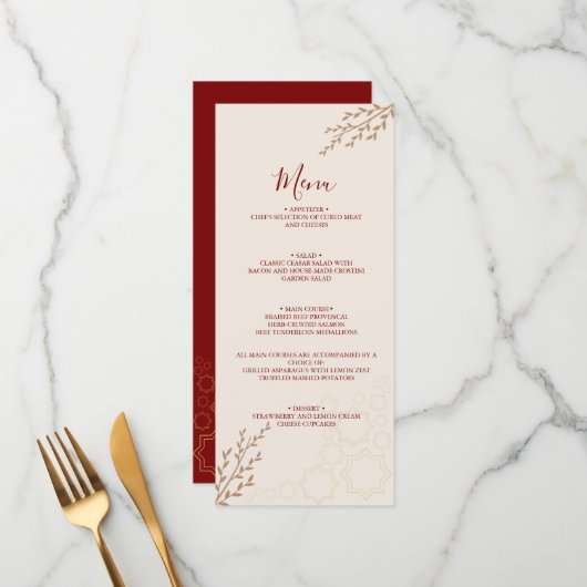 Moderne Terracotta Verbrand Oranje Boho Bruiloft Menu (Voorkant / Achterkant in situ)