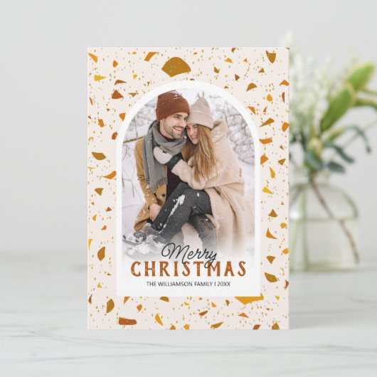 Moderne Terrazzo Kerst Foto Vakantiekaart Feestdagenkaart (Staand voorkant)