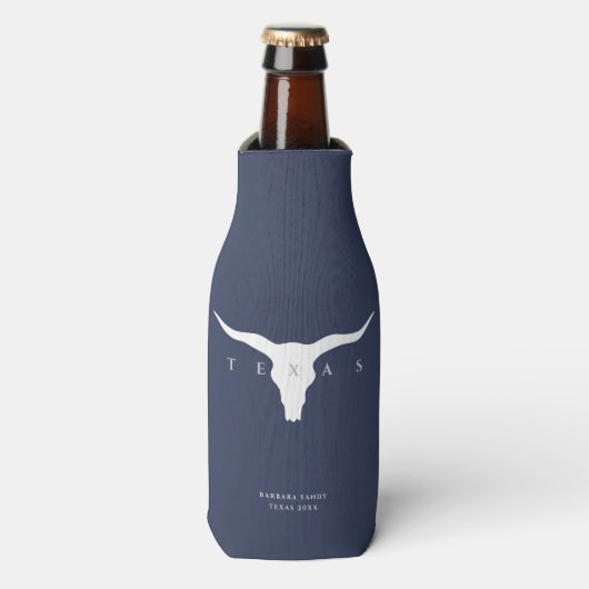 Moderne Texas Longhorn aangepaste naam blauw Flesjeskoeler (Fles Voorkant)