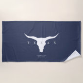 Moderne Texas Longhorn zomer aangepaste naam blauw Strandlaken (Voorkant)