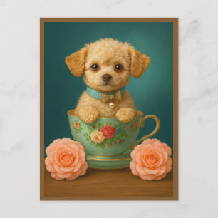 Moderne Theekopje Poodle Puppy Hond Portret Rozen  Feestdagenkaart
