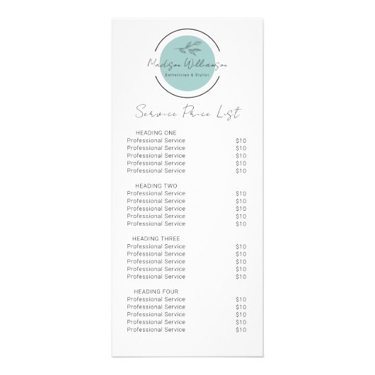 Moderne Therapeut Stylist Spa Botanische Prijslijs Reclamekaart (Voorkant)