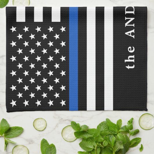 Moderne Thin Blue Line Personalized Name Police Theedoek (Gevouwen)