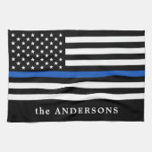 Moderne Thin Blue Line Personalized Name Police Theedoek (Horizontaal)