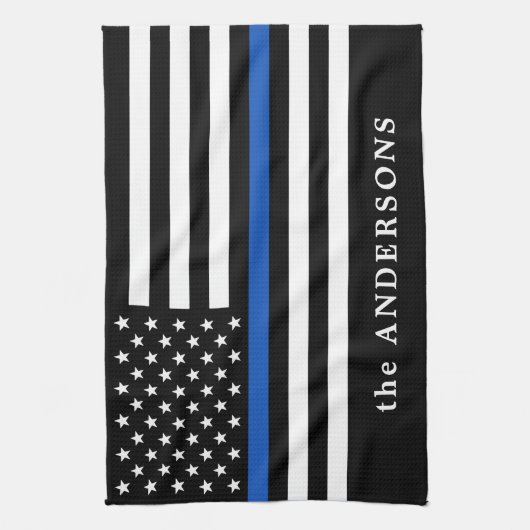 Moderne Thin Blue Line Personalized Name Police Theedoek (Verticaal)