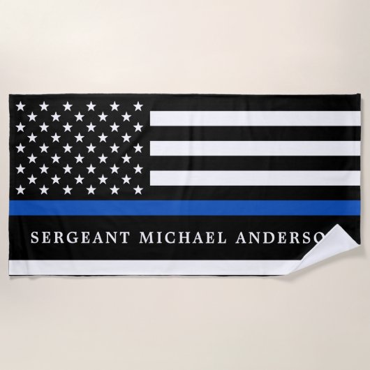 Moderne Thin Blue Line Personalized politieman Strandlaken (Voorkant)