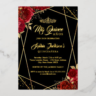 Moderne Tiara Bloem Goud Rode Quinceanera Folie Uitnodiging