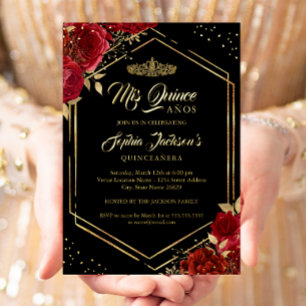 Moderne Tiara Bloem Rood Goud Quinceanera Folie Ui Uitnodiging