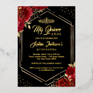 Moderne Tiara Bloem Rood Goud Quinceanera Folie Uitnodiging