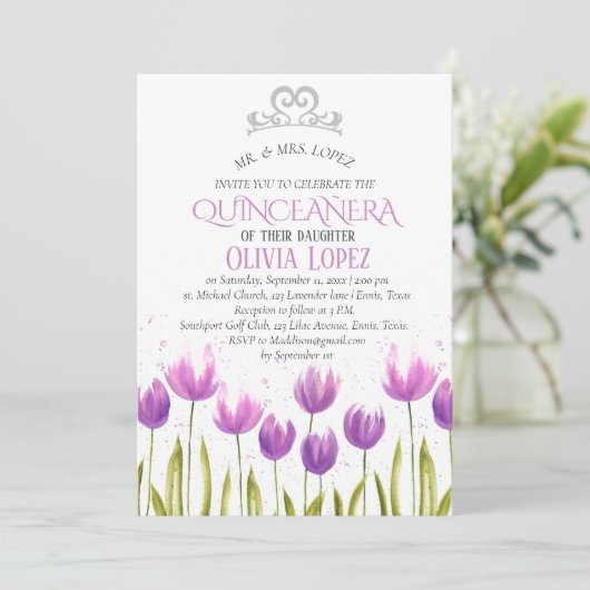 Moderne Tiara Quinceañera Paarse Lavendel Verjaard Kaart (Staand voorkant)