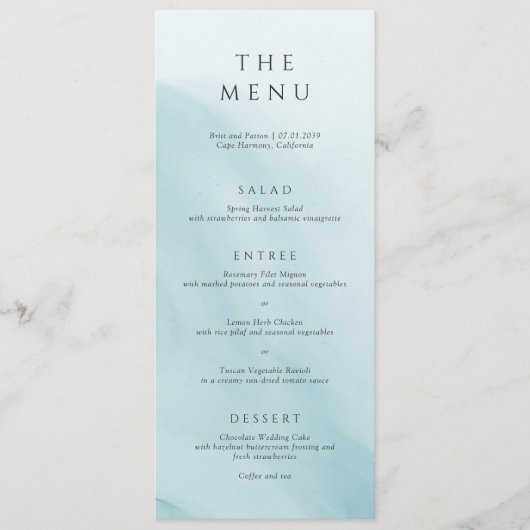 Moderne Tichelblauwe Abstracte Minimalistische Tro Menu (Voorkant)