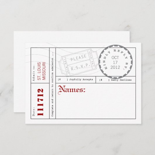 Moderne Ticket Tab-reactiekaart RSVP Kaartje (Voorkant / Achterkant)