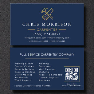 Moderne Timmerman Navy Blauwe Gouden QR-code Visitekaartje