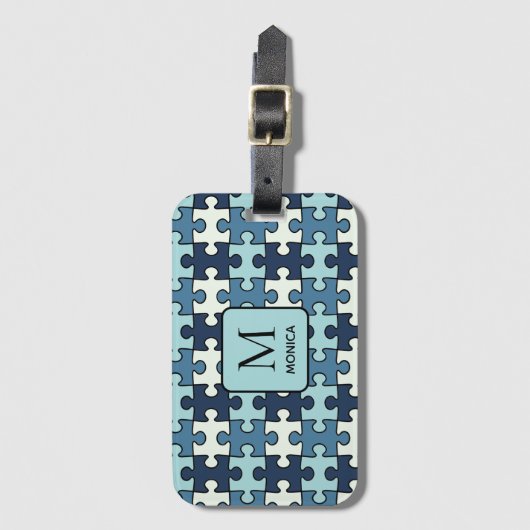 Moderne Tint van Blauwe Puzzel Stukken Monogram Bagagelabel (Voorkant (verticaal))