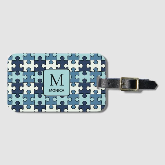 Moderne Tint van Blauwe Puzzel Stukken Monogram Bagagelabel (Voorkant (horizontaal))