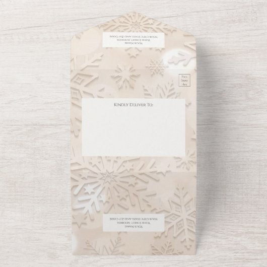 Moderne tinten van beige sneeuwvlok all in one uitnodiging (Buitenkant)