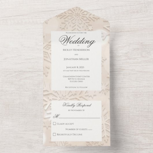 Moderne tinten van beige sneeuwvlok all in one uitnodiging (Binnen)