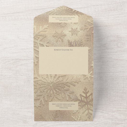 Moderne tinten van gouden sneeuwvlok all in one uitnodiging (Buitenkant)