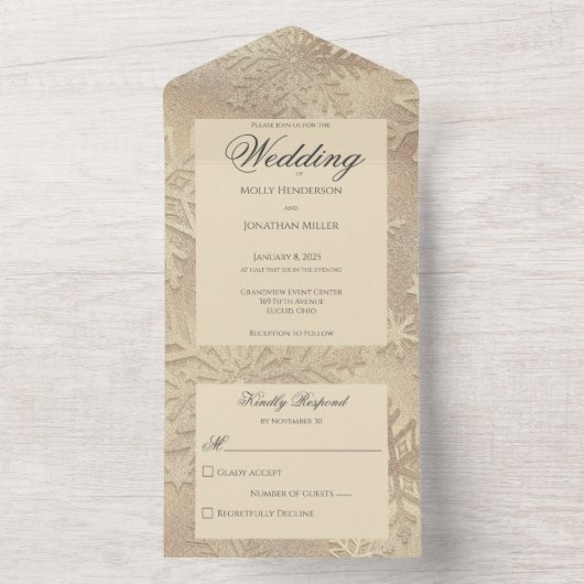 Moderne tinten van gouden sneeuwvlok all in one uitnodiging (Binnen)