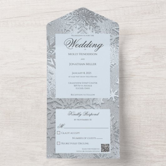 Moderne tinten van Ice Blue Sneeuwvlok QR Code All In One Uitnodiging (Binnen)