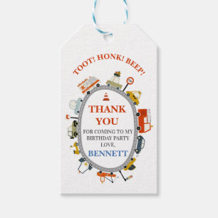 Moderne Toot Honk Piep Auto's Vervoer 1e Verjaarda Cadeaulabel