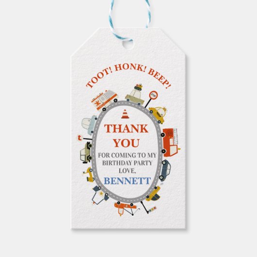 Moderne Toot Honk Piep Auto's Vervoer 1e Verjaarda Cadeaulabel (Voorkant)