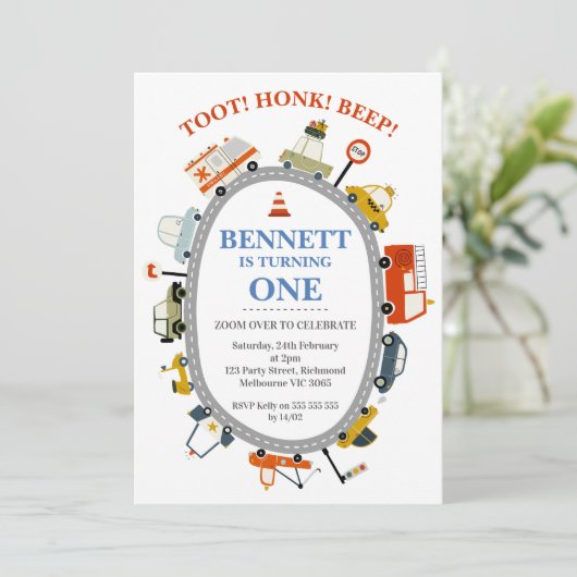 Moderne Toot Honk Piep Auto's Vervoer 1e Verjaarda Kaart (Staand voorkant)