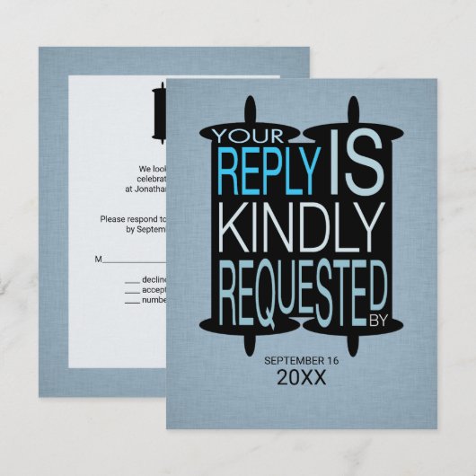 Moderne Torah Bar Mitswa Reply RSVP Grijs Blauw Kaart (Voorkant / Achterkant)
