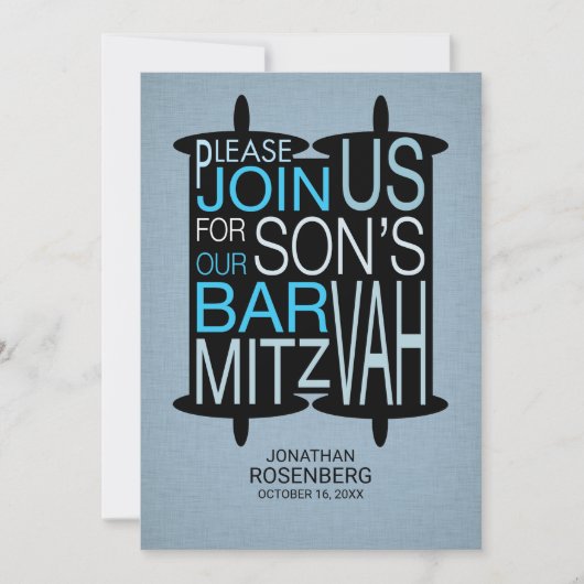 Moderne Torah Bar Mitswa uitnodiging grijs en blau (Voorkant)