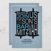 Moderne Torah Bar Mitswa uitnodiging grijs en blau (Voorkant / Achterkant)
