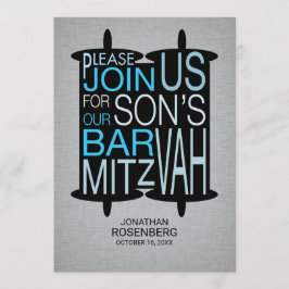 Moderne Torah Bar Mitswa uitnodiging grijs en blau