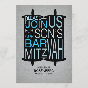 Moderne Torah Bar Mitswa uitnodiging grijs en blau