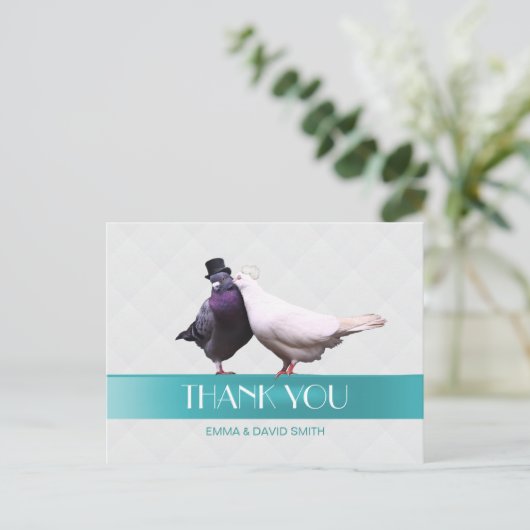 Moderne Tortelduifjes blauw lint Dank u Briefkaart (Staand voorkant)