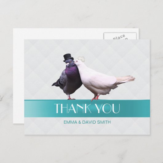 Moderne Tortelduifjes blauw lint Dank u Briefkaart (Voorkant / Achterkant)