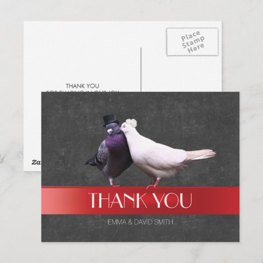 Moderne Tortelduifjes Rood Lint Krijtbord Dank u Briefkaart (Voorkant / Achterkant)