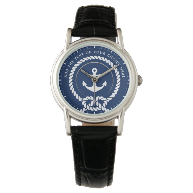 Moderne Touw & Anker Scheepvaart Aangepaste Tekst Horloge (Voorkant)