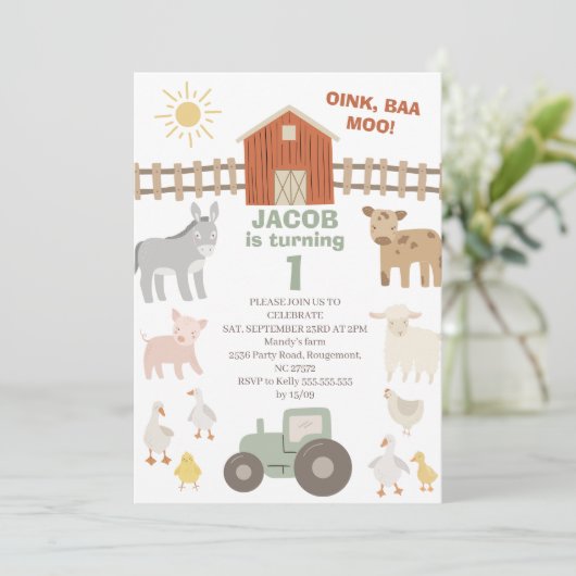 Moderne Tractor Oink Baa Moo 1e Boerderij Verjaard Kaart (Staand voorkant)