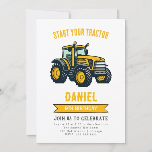 Moderne Tractor Verjaardagsfeestuitnodiging Kaart (Voorkant)