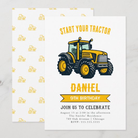 Moderne Tractor Verjaardagsfeestuitnodiging Kaart (Voorkant / Achterkant)