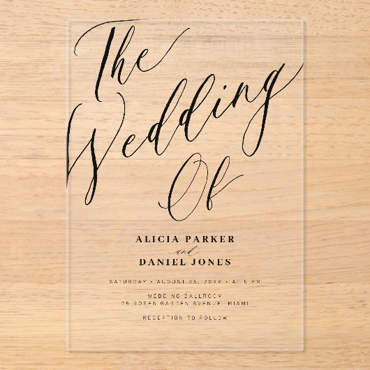 Moderne transparante kalligrafie script bruiloft acryl uitnodigingen (Voorkant)