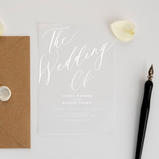 Moderne transparante kalligrafie script bruiloft acryl uitnodigingen