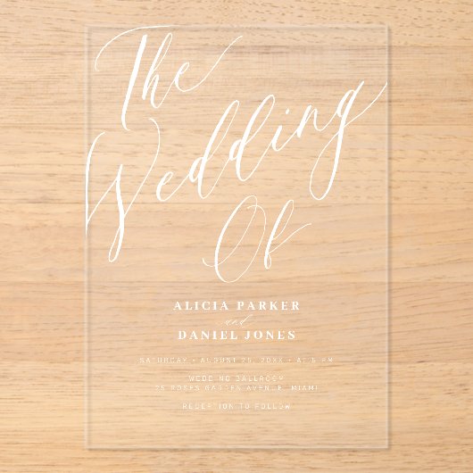 Moderne transparante kalligrafie script bruiloft acryl uitnodigingen (Voorkant)
