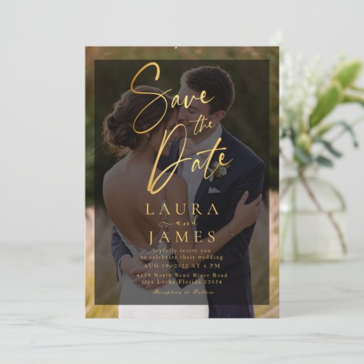Moderne transparante overlay foto save the date In Kaart (Staand voorkant)