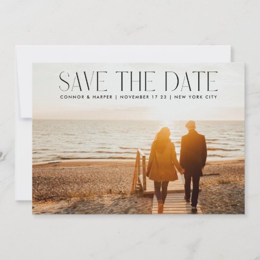 Moderne TREND ELEGANT Text QR CODE Two Photo Save The Date (Voorkant)