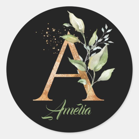 Moderne trendy A monogram groen en goudfolie zwart Ronde Sticker (Voorkant)