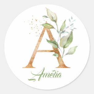 Moderne trendy A monogram groene bladfolie en goud Ronde Sticker