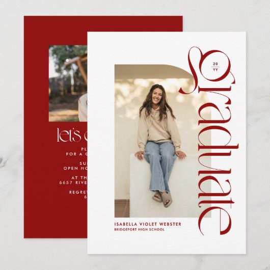 Moderne trendy afgestudeerde rode foto afstuderen kaart (Voorkant / Achterkant)