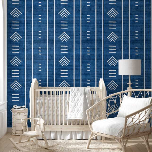 Moderne Trendy Afrikaanse Mudcloth Arrows Blauw Behang (Kinderen)