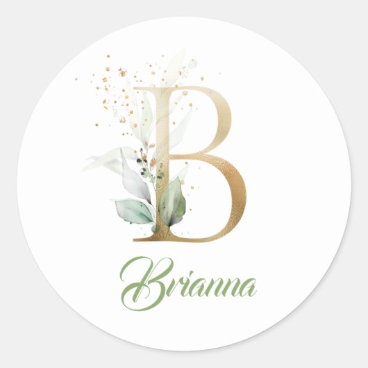 Moderne trendy B monogram groen en bladgoud Ronde Sticker (Voorkant)
