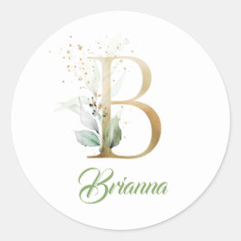 Moderne trendy B monogram groen en bladgoud Ronde Sticker